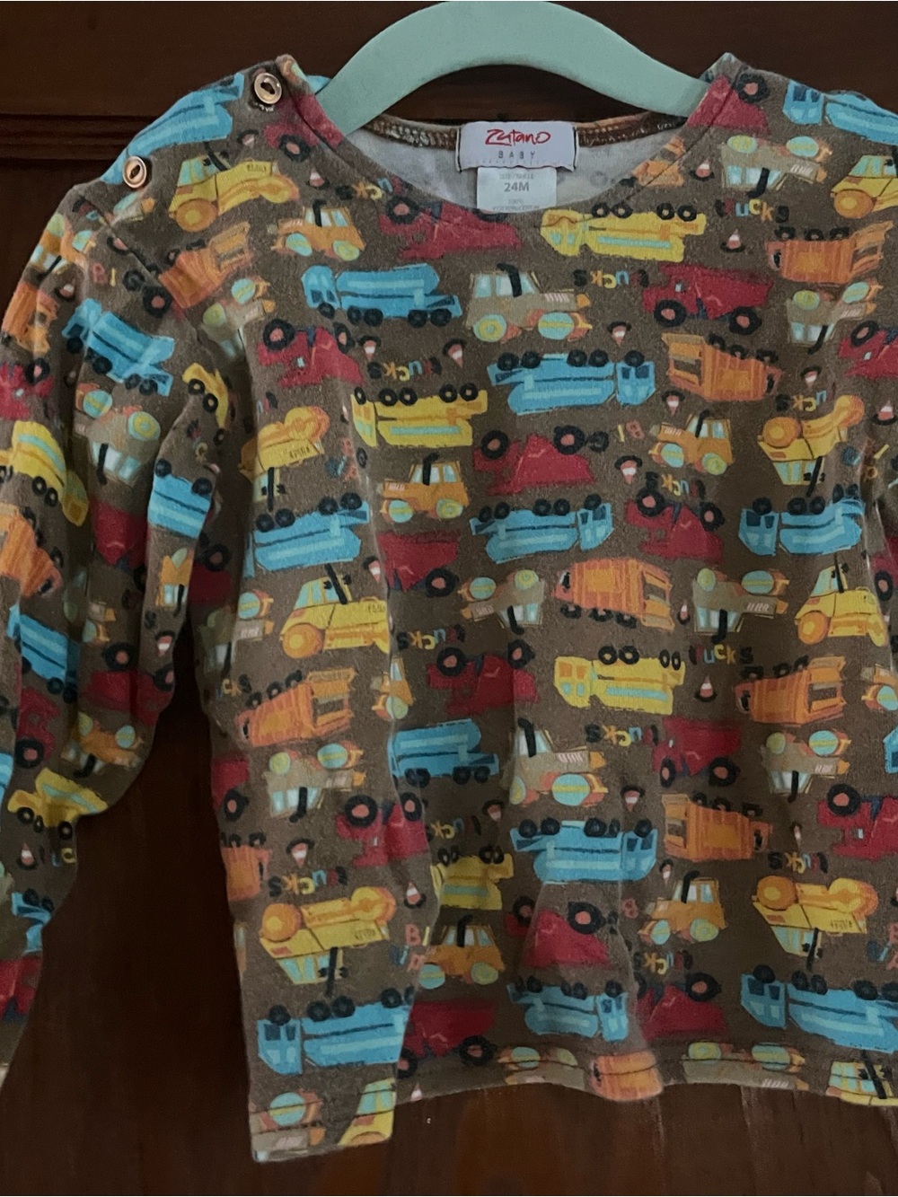 Zutano Brown Long-Sleeve Tee with Blue, Yellow & Red Trucks